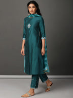 Naqsh Embroidered Art Silk Kurta Set with Tie-Dye Dupatta