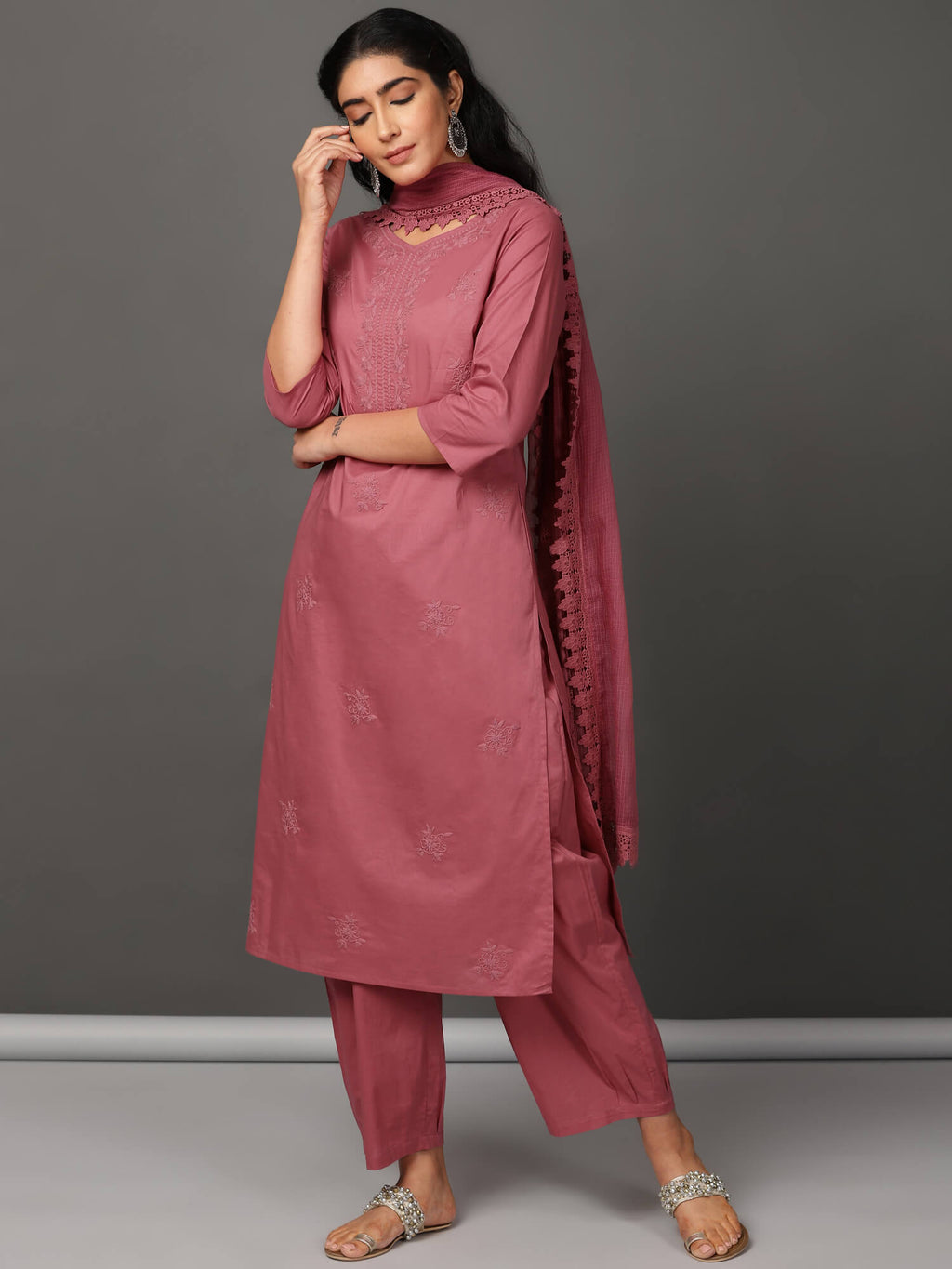 Pink Cotton Kurta, Pants & Dupatta Set