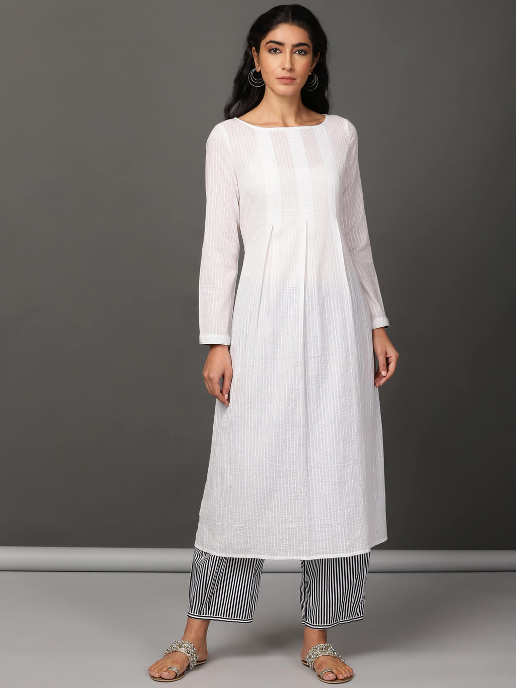 White Pleated Kurta, Pants & Jacket Set