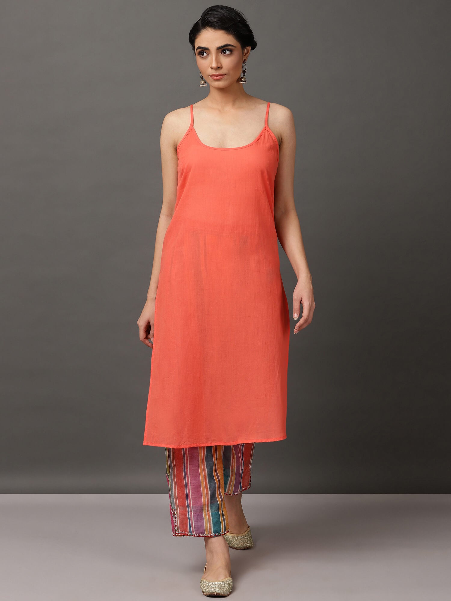 Multi-Color Stripe Chanderi Kurta And Pant With Camisole