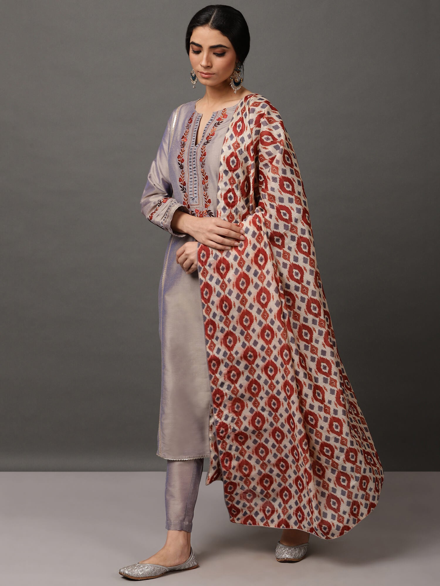 Grey PST Straight Kurta & Pant With Dupatta