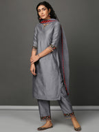 Grey Art Silk Kurta, Pants & Organza Dupatta Set