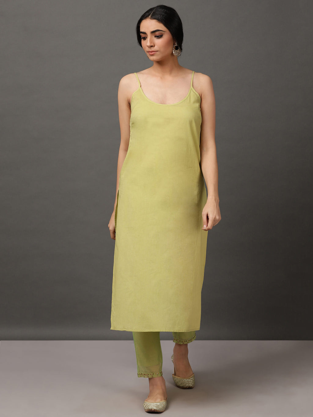 Lime Green Solid Kalidar Chanderi Kurta And Pant With Dupatta & camisole