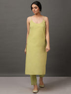 Lime Green Solid Kalidar Chanderi Kurta And Pant With Dupatta & camisole