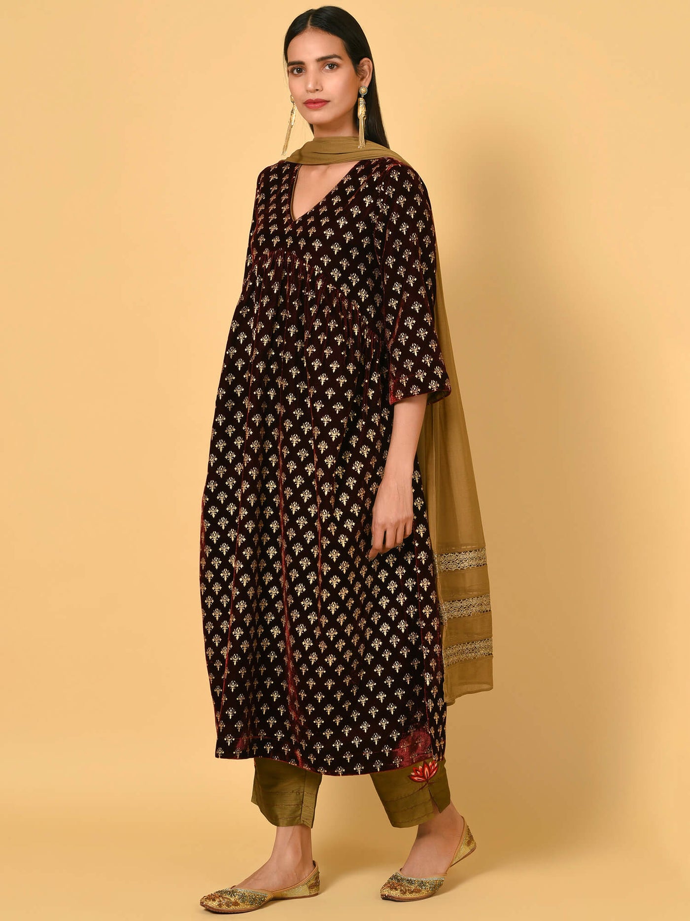 Spotlight in the Maroon and Gold Kurta Pant and Dupatta set