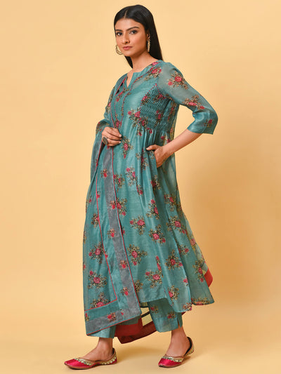 Rose printed teal Kurta & Pant set