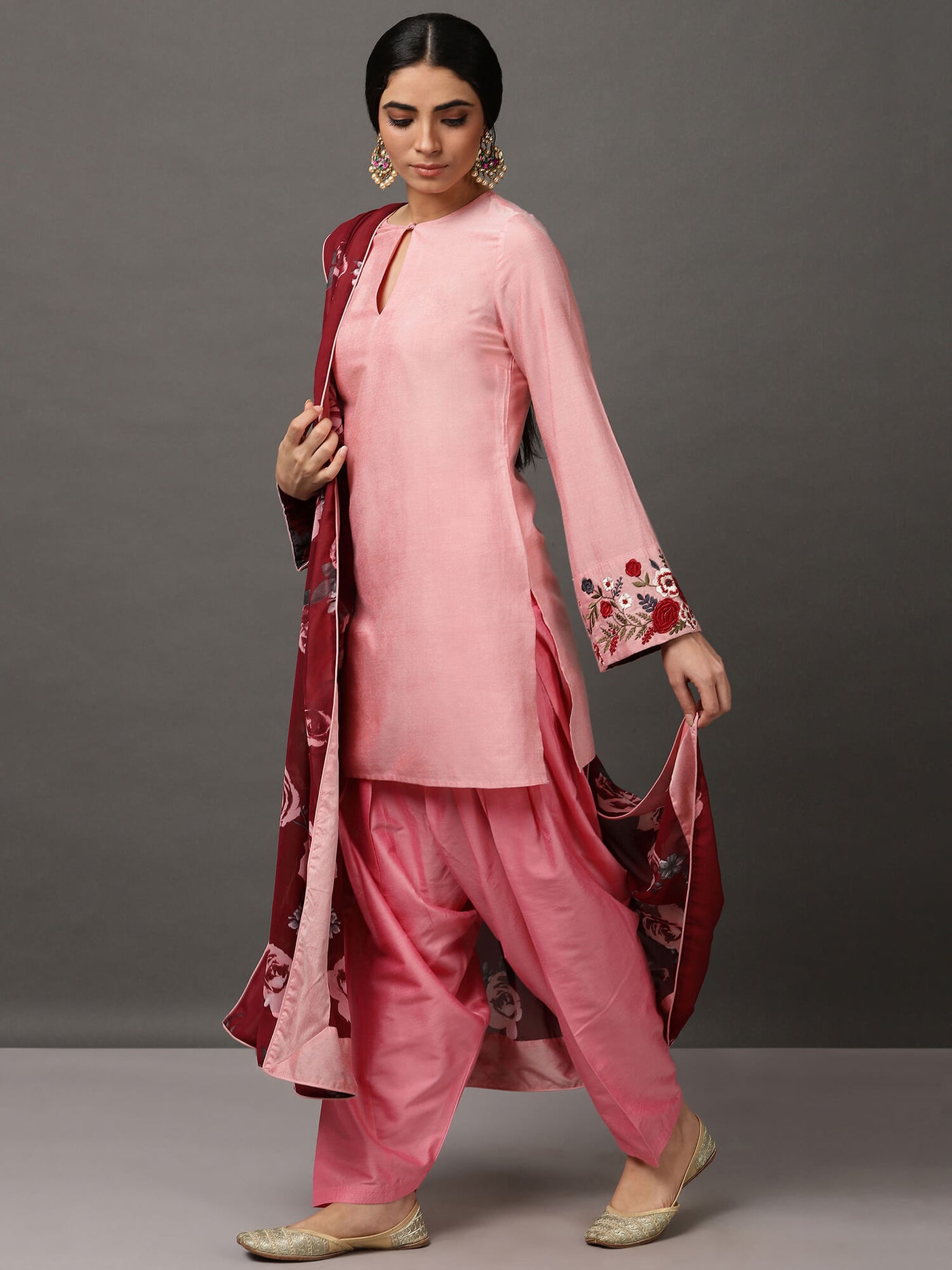 Light Pink Art Silk Short Kurta With Salwar & Dupatta