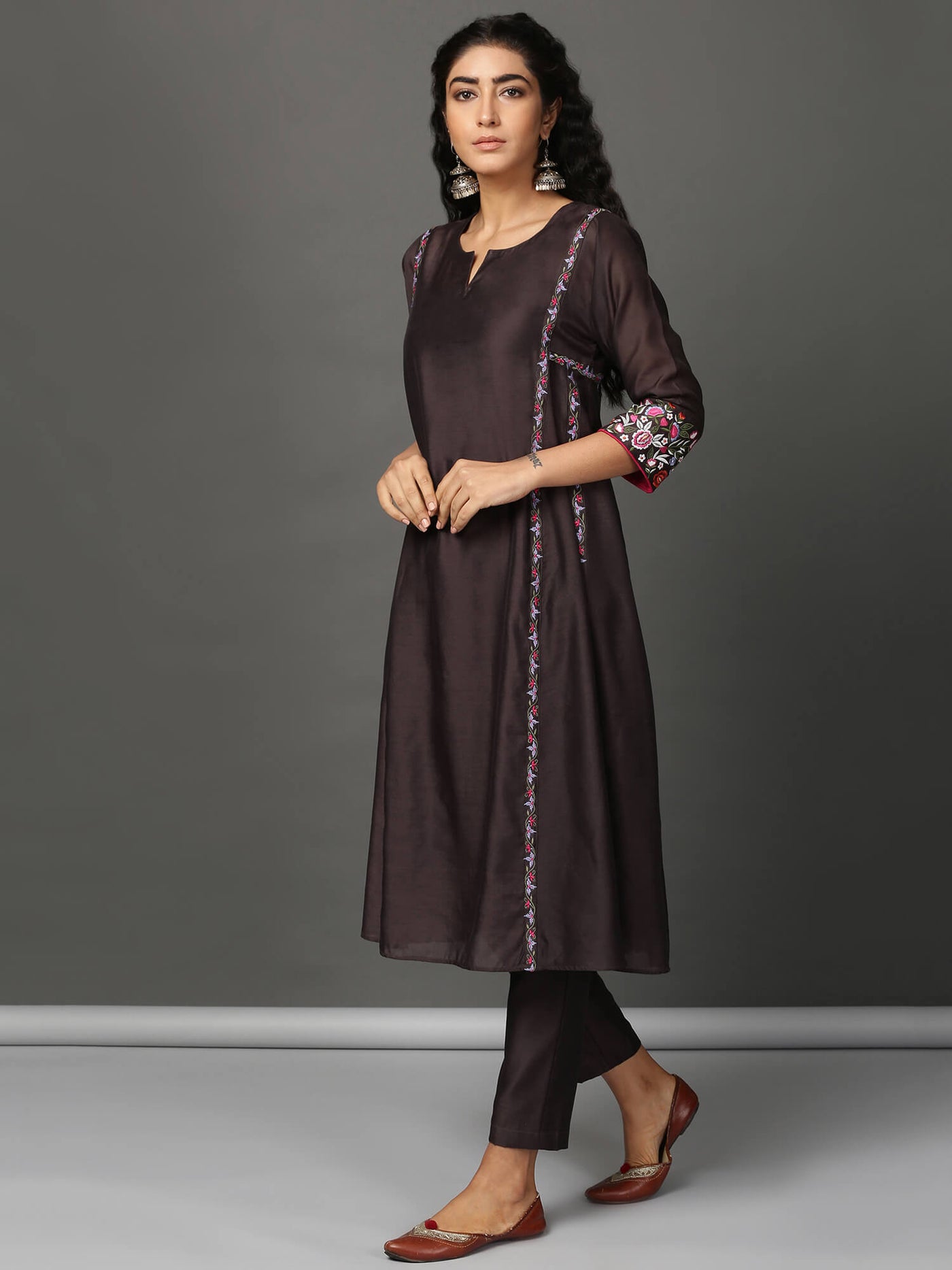 Brown Chanderi Kalidaar Kurta & Pants Set