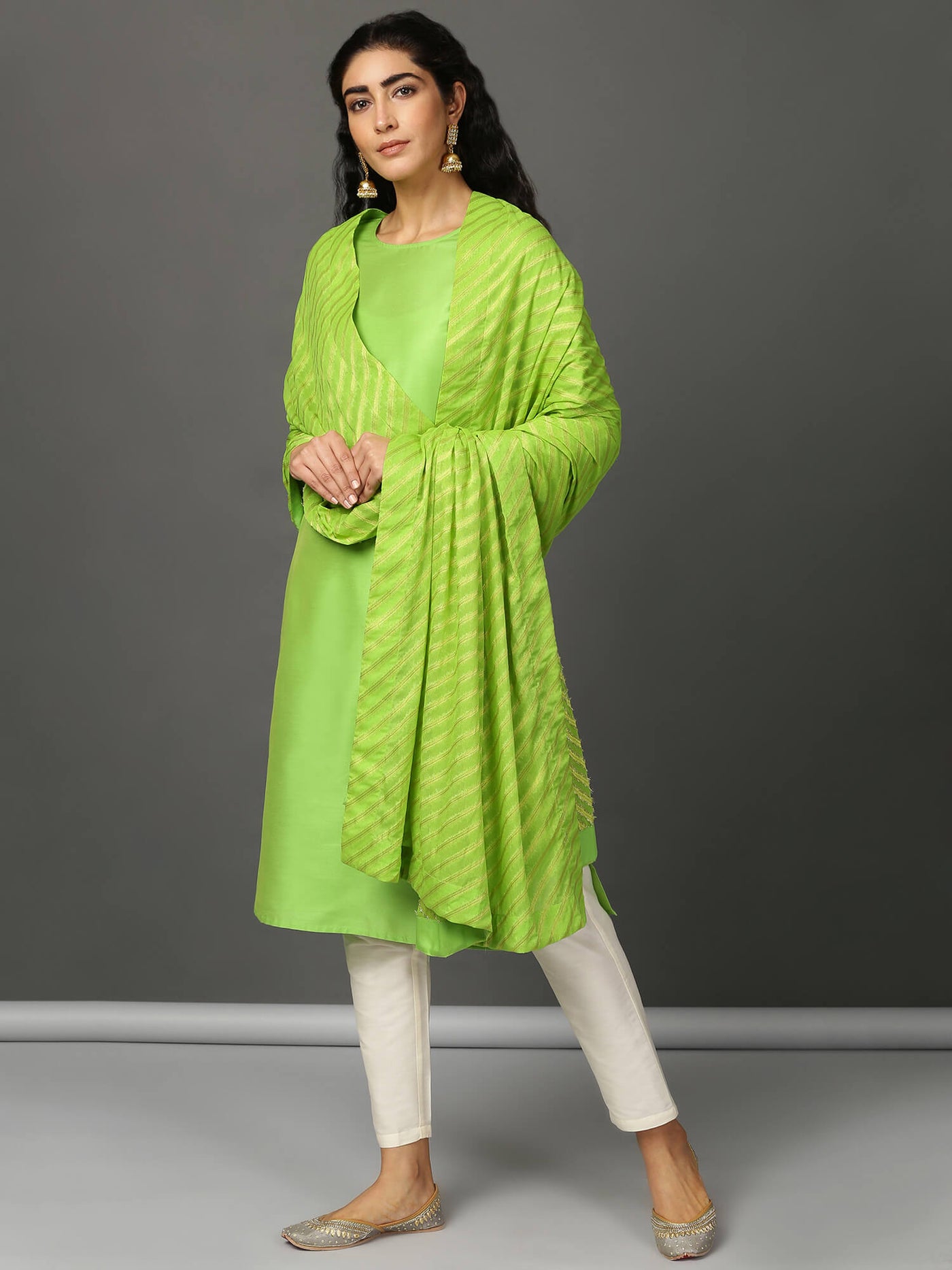 Lime Green Art Silk Kurta, Pants & Dupatta Set