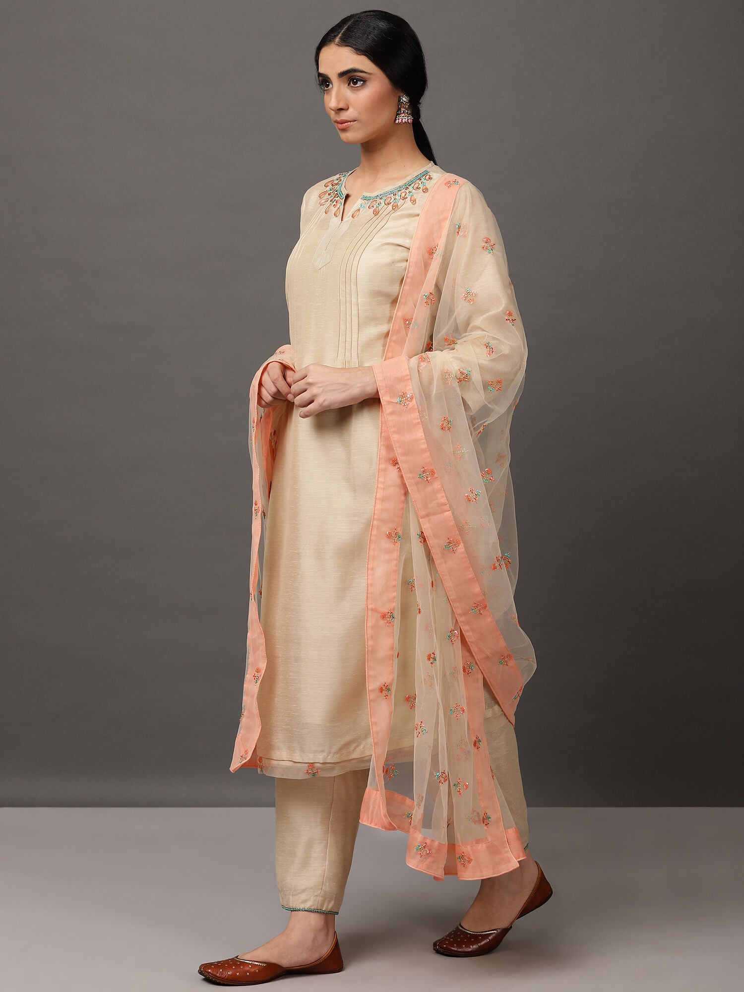 Beige Ecru Chanderi Kurta Set with Dupatta