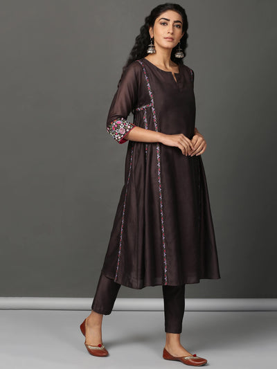 Brown Chanderi Kalidaar Kurta & Pants Set