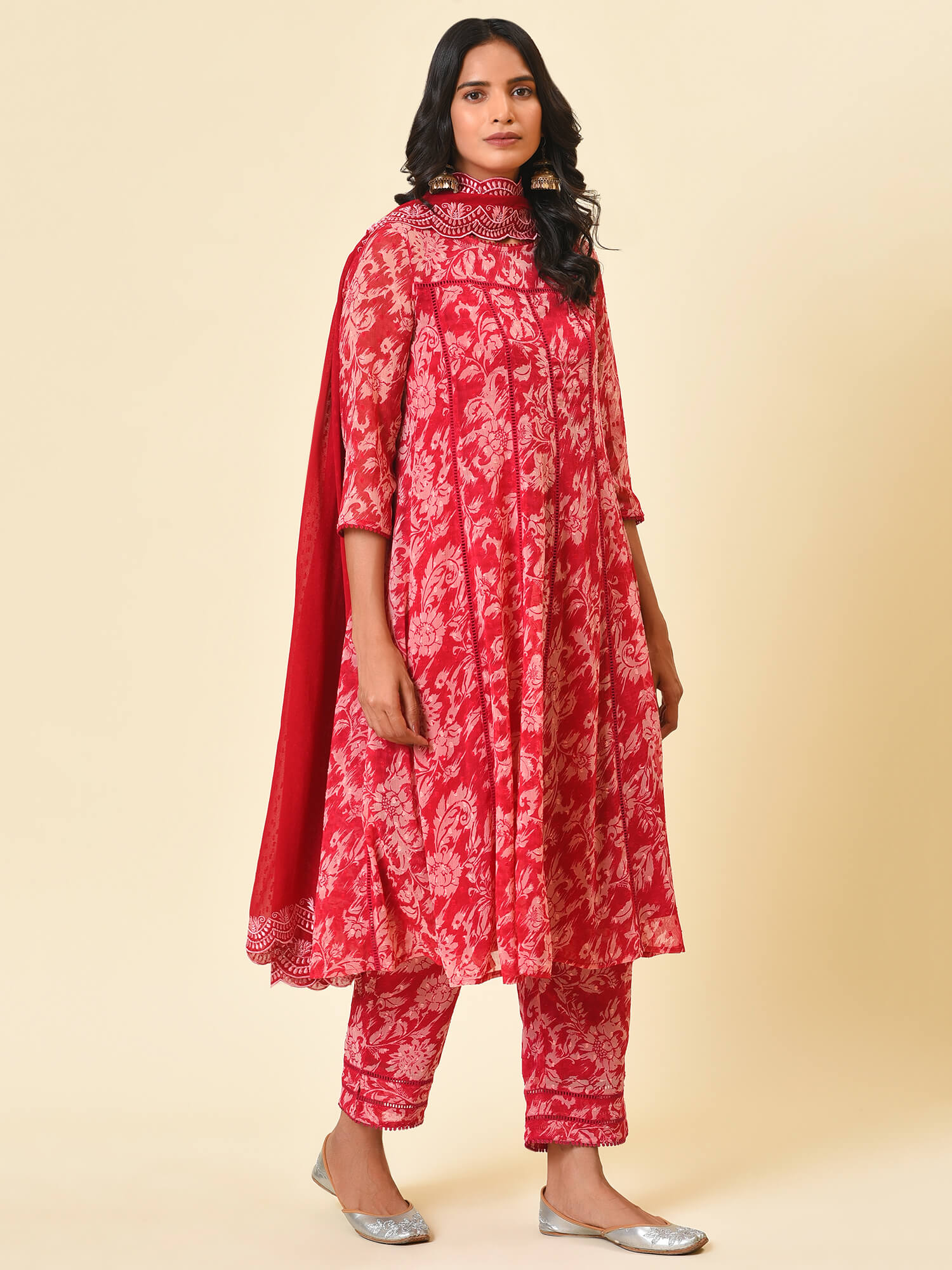 Raspberry & Wine Printed Kurta, Pant & Dupatta Set