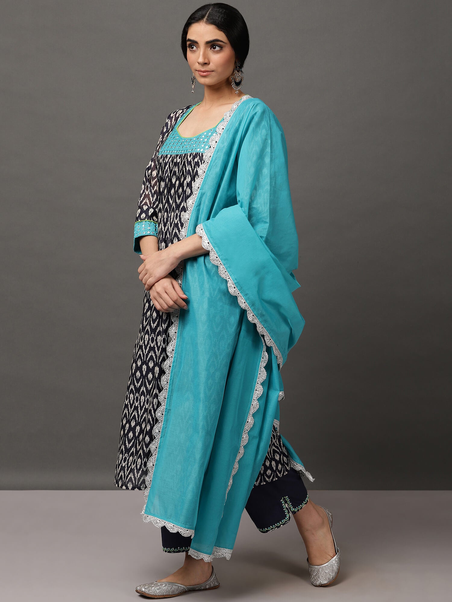 Deep Blue & Turquoise Ikat Kurta And Pant With Dupatta & Camisole
