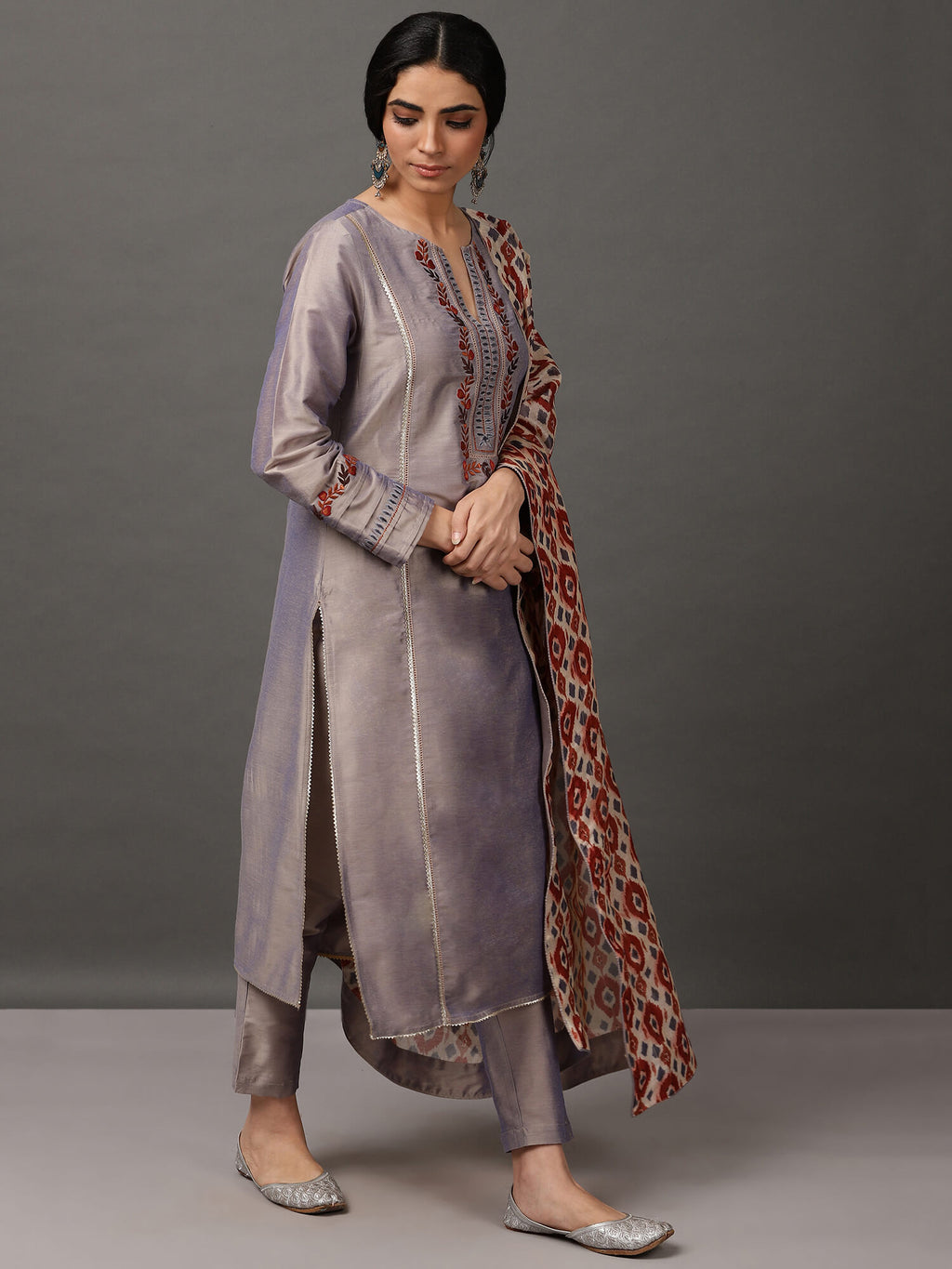 Grey PST Straight Kurta & Pant With Dupatta