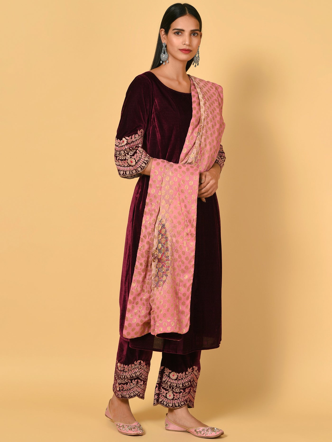 Undaunting Jamun velvet Kurta Pant Dupatta set