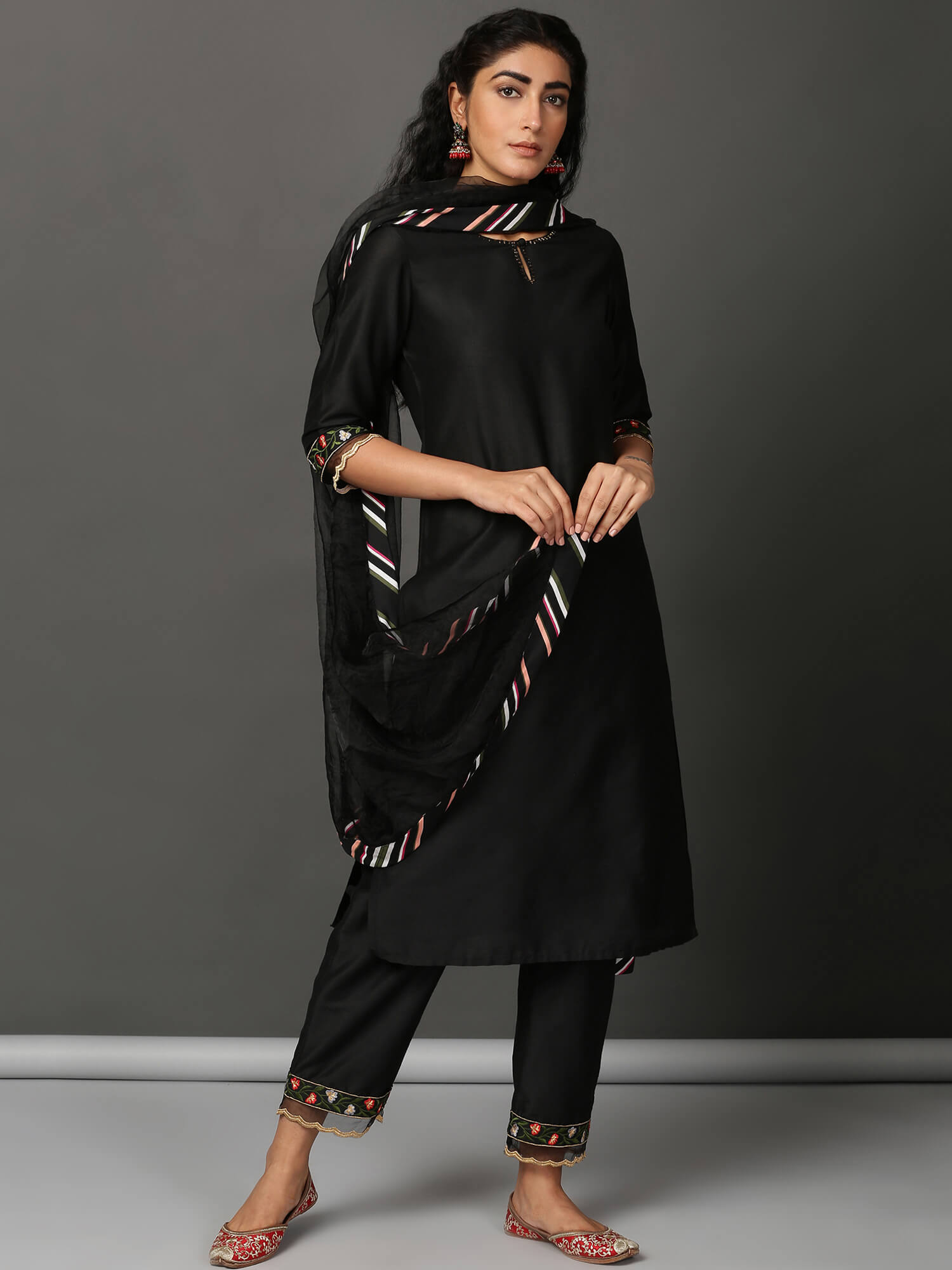 Black Art Silk Kurta Set  with Organza Dupatta