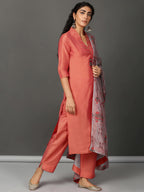 Peach Art Silk Suit Kurta, Pants & Dupatta Set