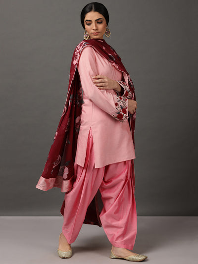 Light Pink Art Silk Short Kurta With Salwar & Dupatta