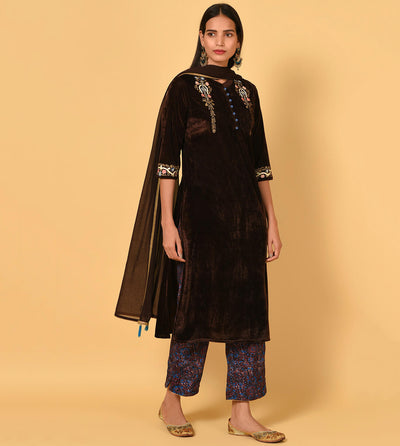 Brown Velvet Embroidered Kurta with printed Pant and Dupatta set