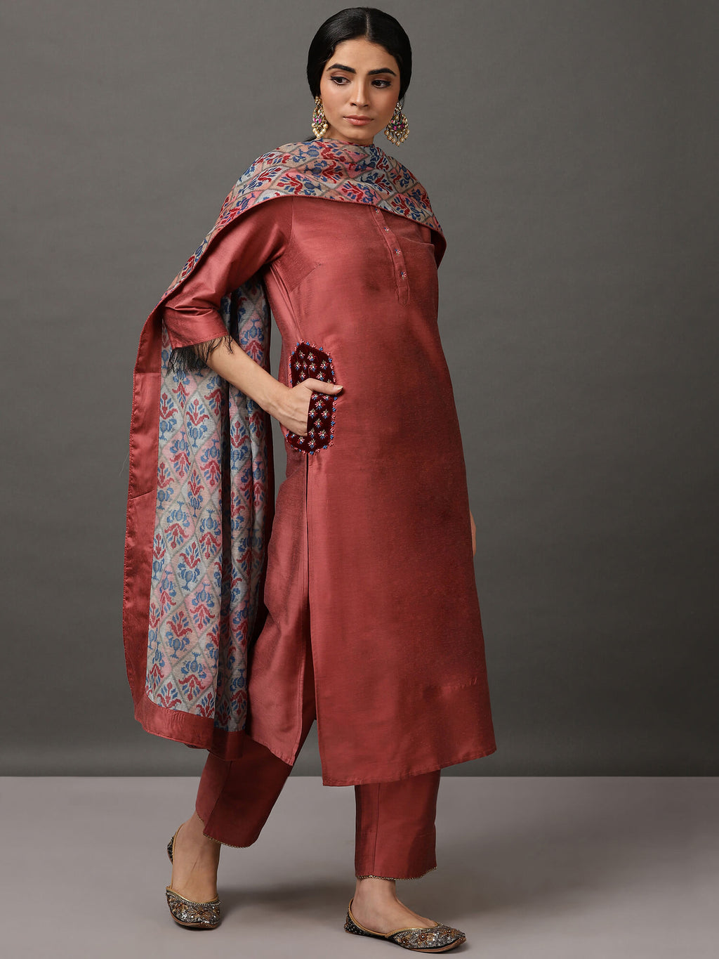 Pink Melange Kurta & Pant With Dupatta