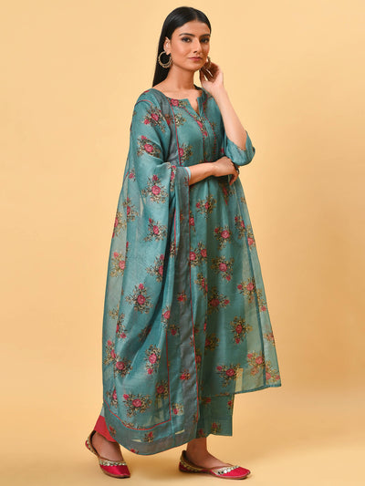 Rose printed teal Kurta & Pant set