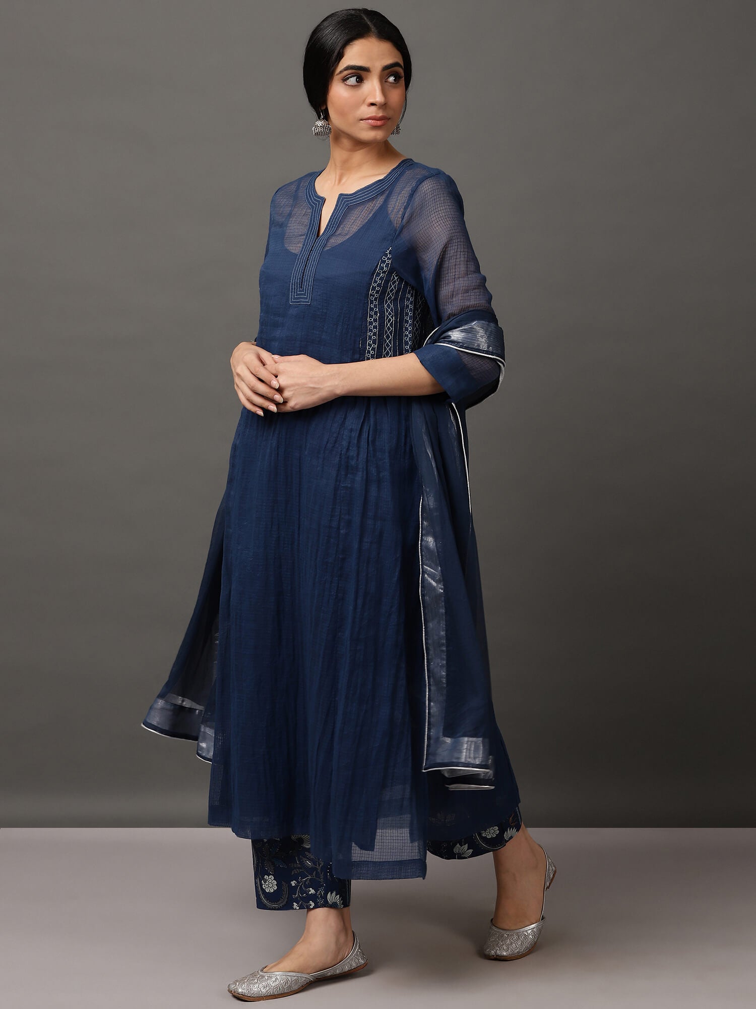 Midnight Blue Kalidaar Kurta, Printed Pant & Dupatta Set