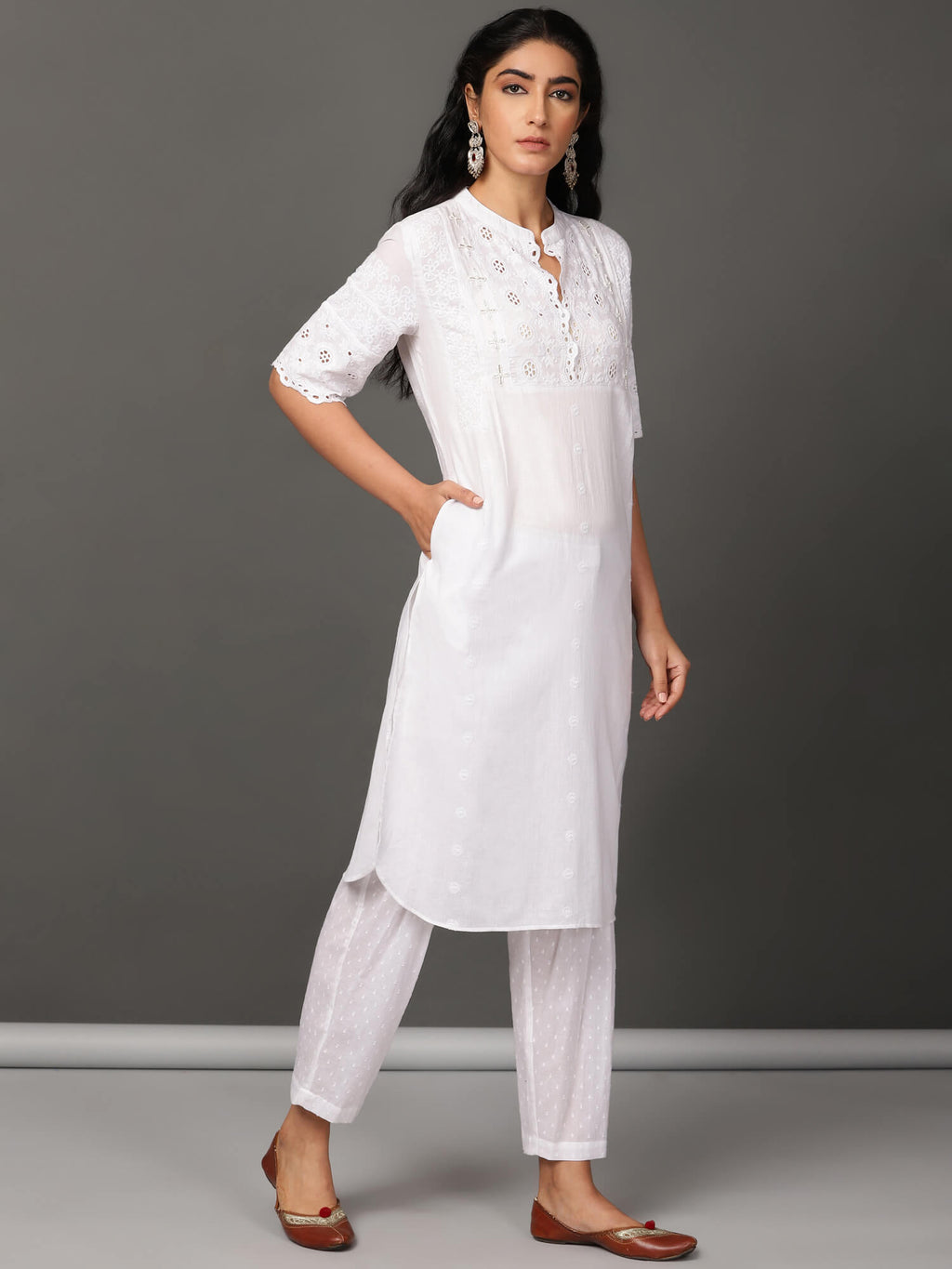 White Schiffly Kurta & Salwar Set