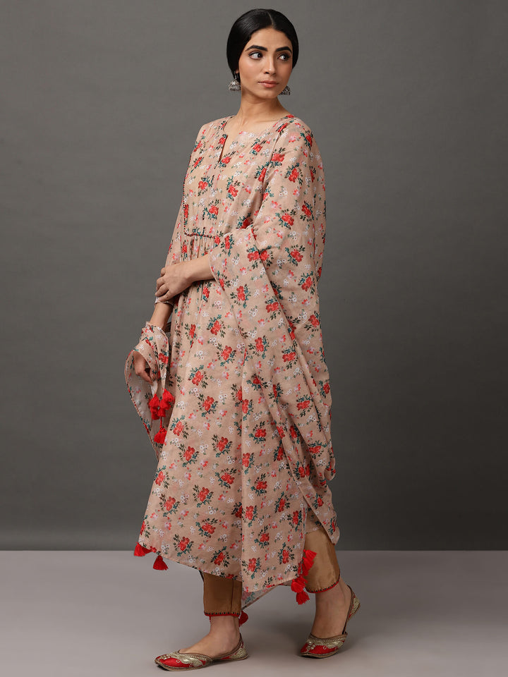 Beige Ditsy Print Chanderi Kurta Set with Dupatta