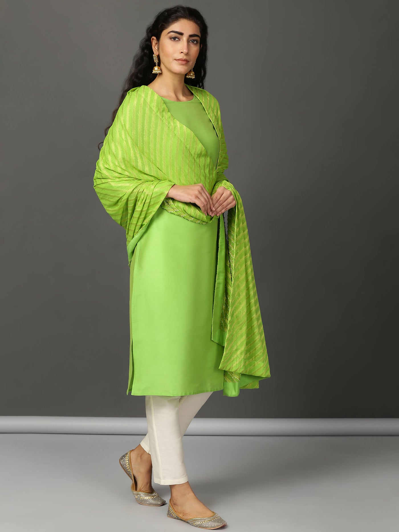 Lime Green Art Silk Kurta, Pants & Dupatta Set