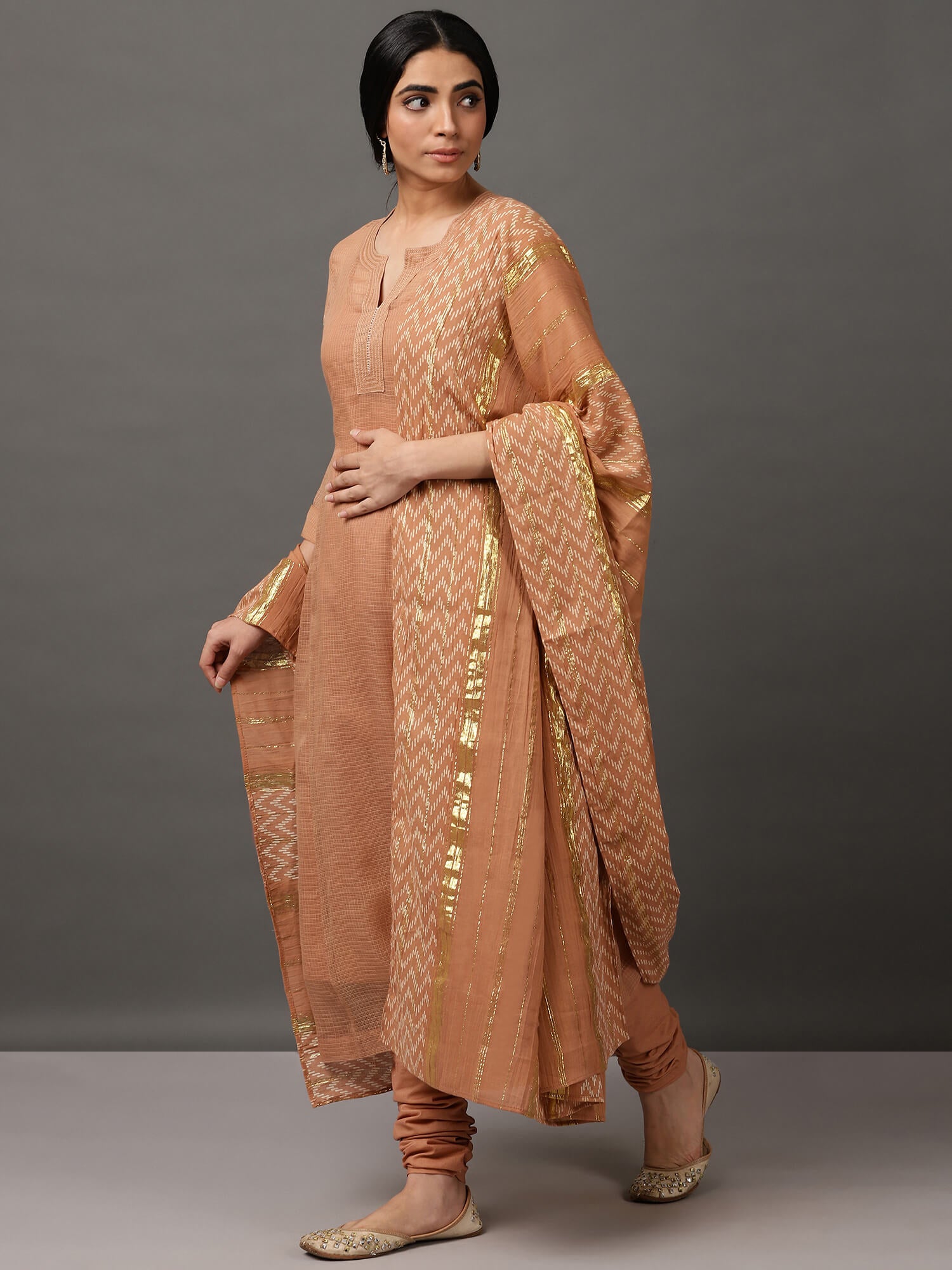 Beige Kalidaar Kurta Set with Churidar & Dupatta