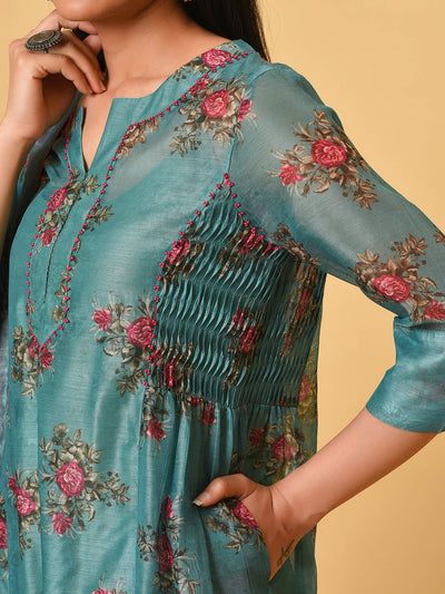 Rose printed teal Kurta & Pant set