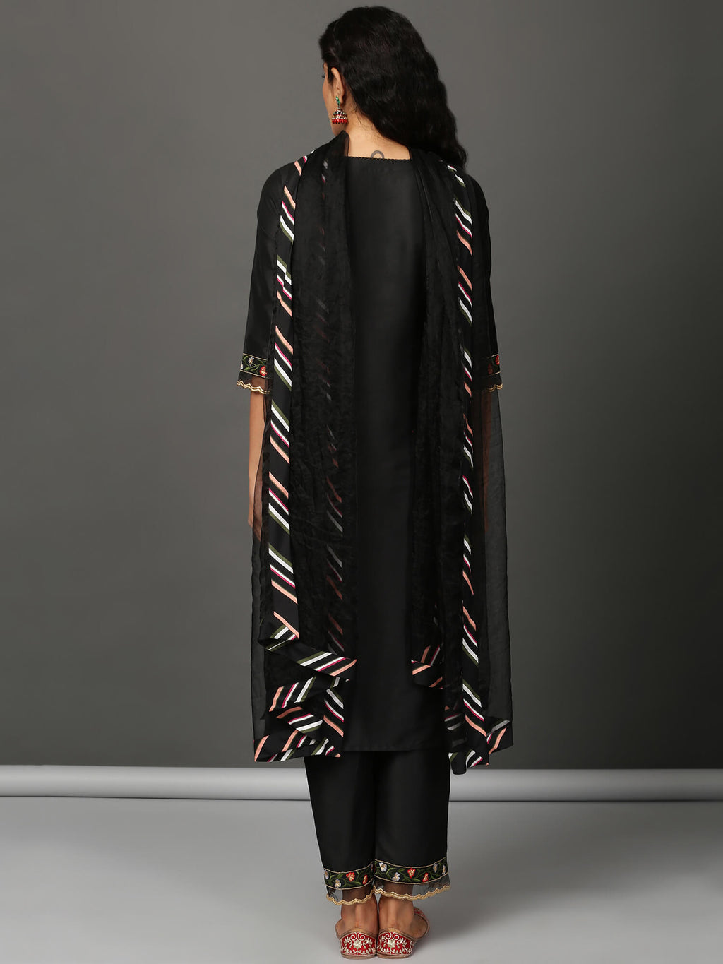 Black Art Silk Kurta Set  with Organza Dupatta