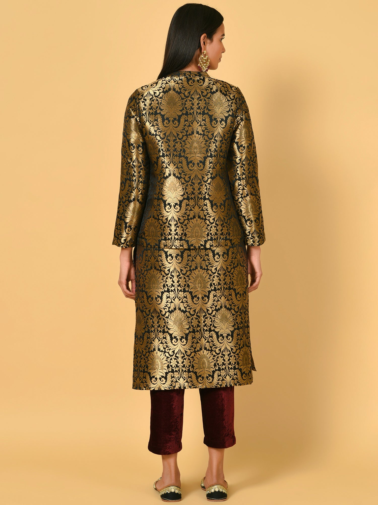 Vivid Black and Gold Kurta Pant and blazer set