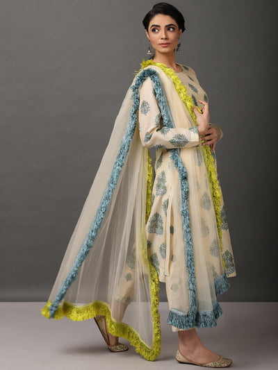 Off White Printed Chanderi Kurta And Pant With Dupatta & Camisole