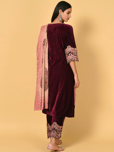 Undaunting Jamun velvet Kurta Pant Dupatta set