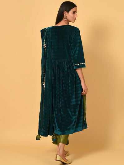 Ceramic Blue velvet Kurta Pant and Dupatta set