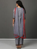 Grey Art Silk Kurta, Pants & Organza Dupatta Set
