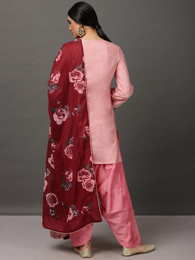 Light Pink Art Silk Short Kurta With Salwar & Dupatta