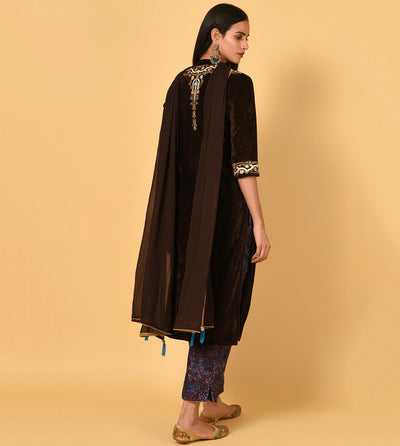 Brown Velvet Embroidered Kurta with printed Pant and Dupatta set