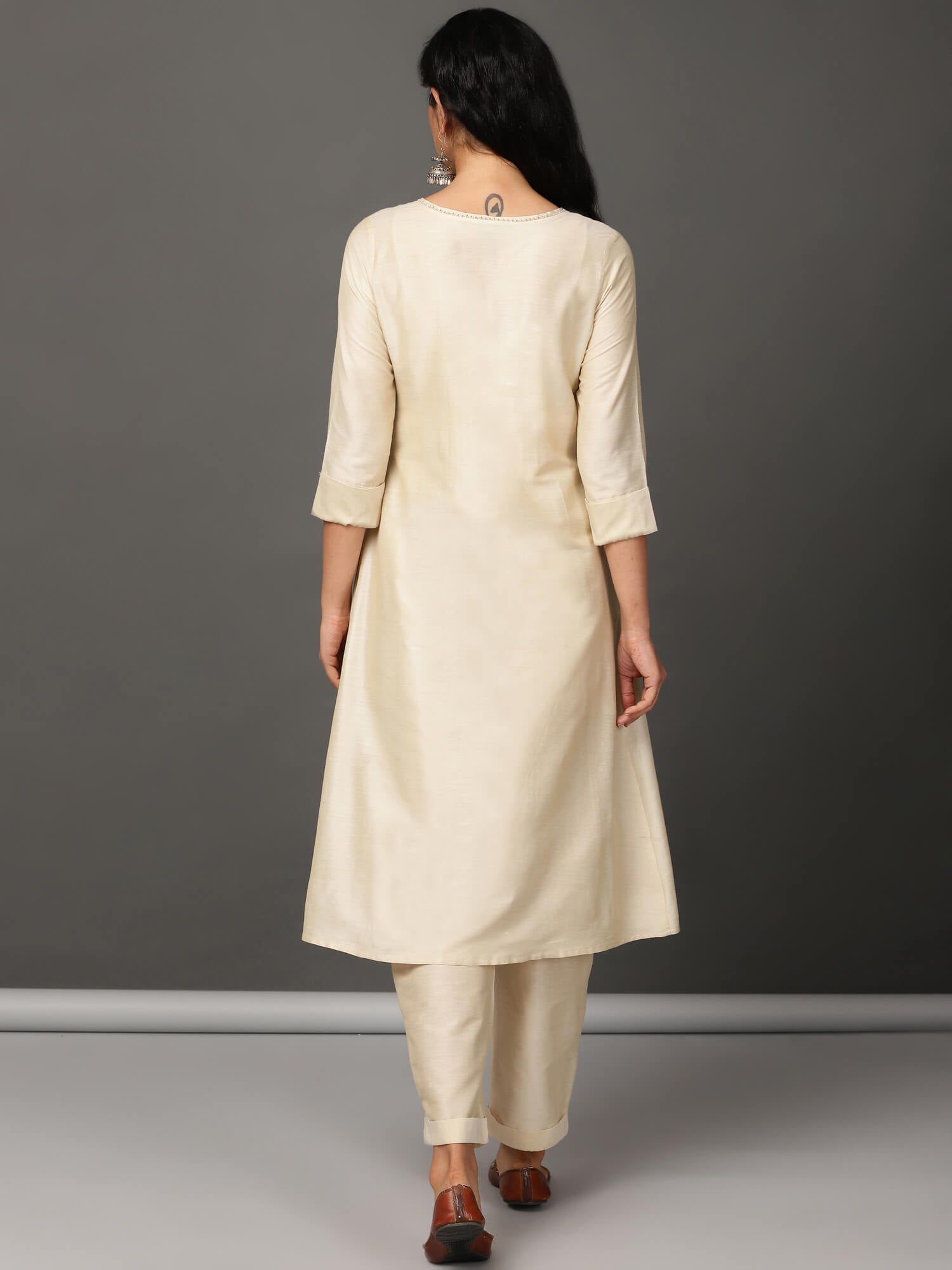 Ivory Beige Floral Embroidered Art Silk Kurta Set