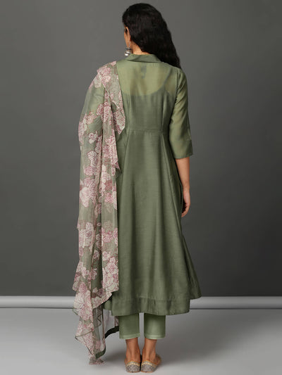 Olive Chanderi Kurta, Pants & Net Dupatta Set