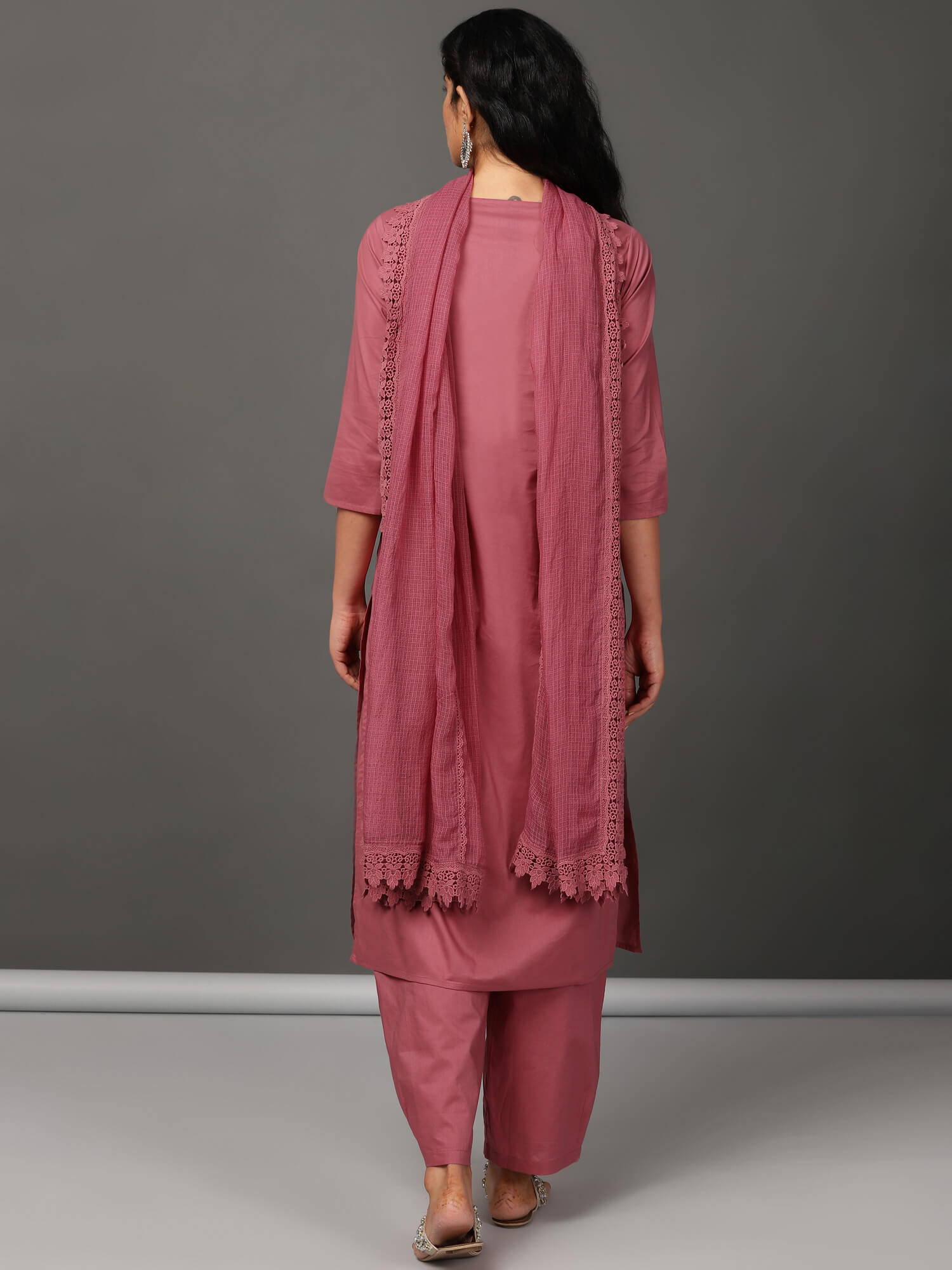 Pink Cotton Kurta, Pants & Dupatta Set
