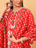 Poppy red and white chanderi kurta pant and dupatta