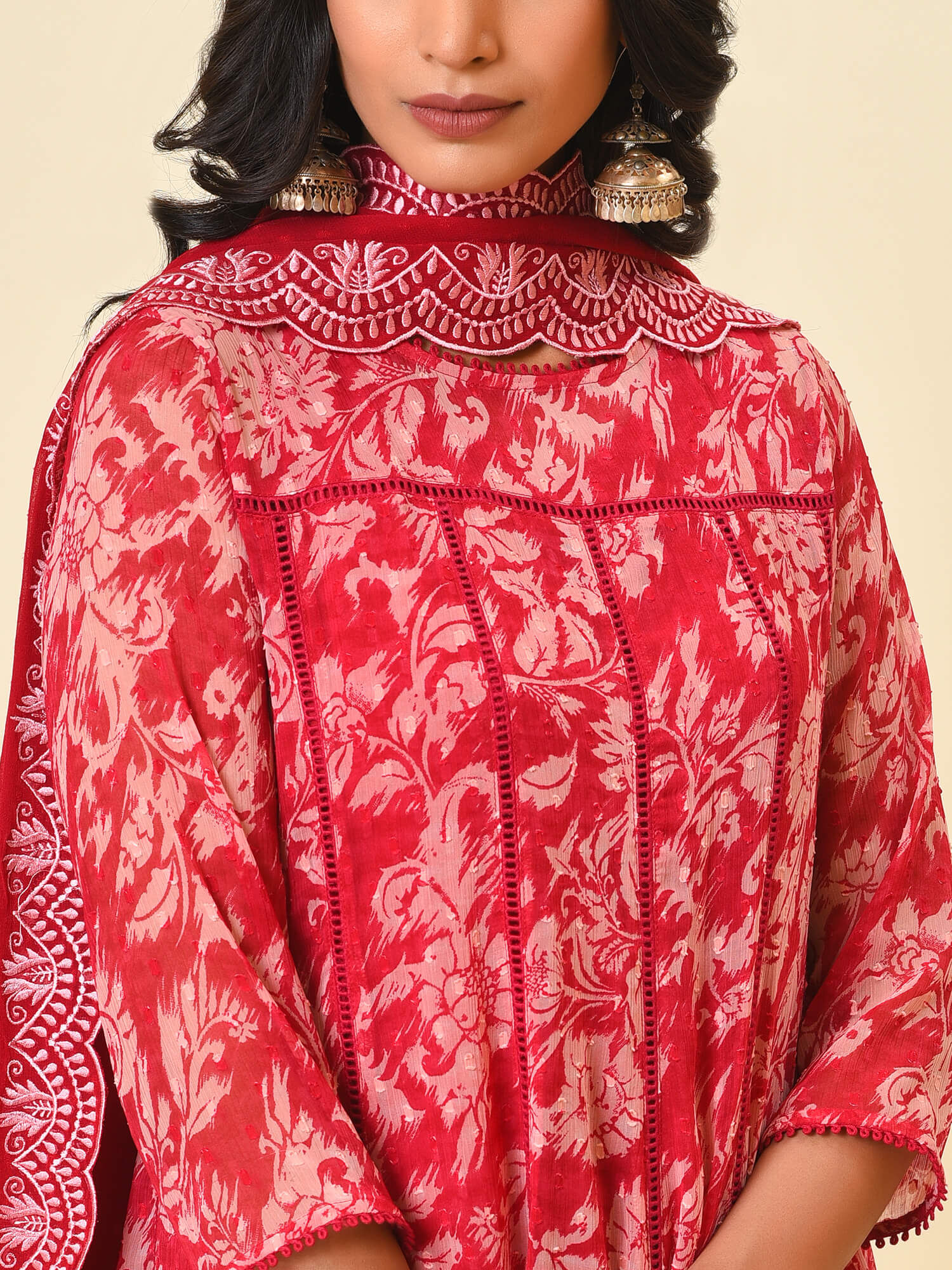 Raspberry & Wine Printed Kurta, Pant & Dupatta Set