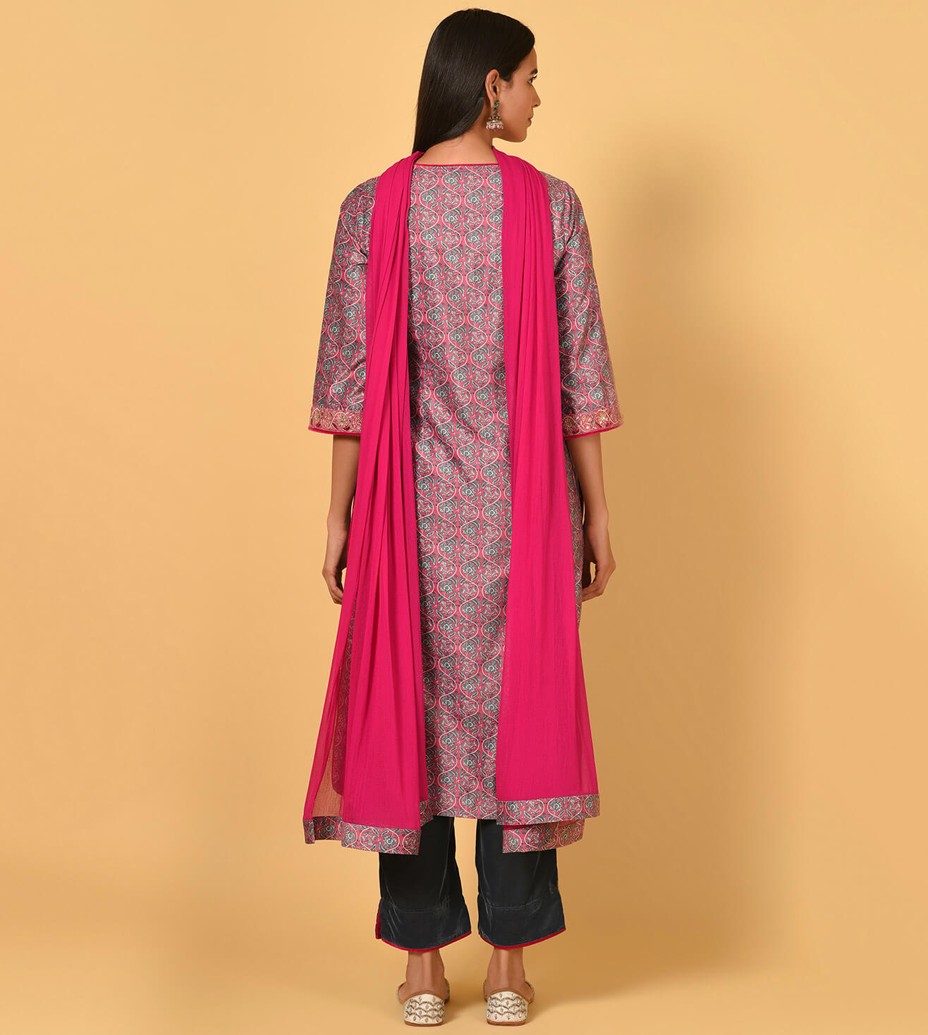 Bougainvillea Pink printed velvet Kurta Pant Dupatta set