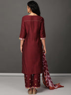 Naqsh Embroidered Art Silk Kurta Set with Tie-Dye Dupatta