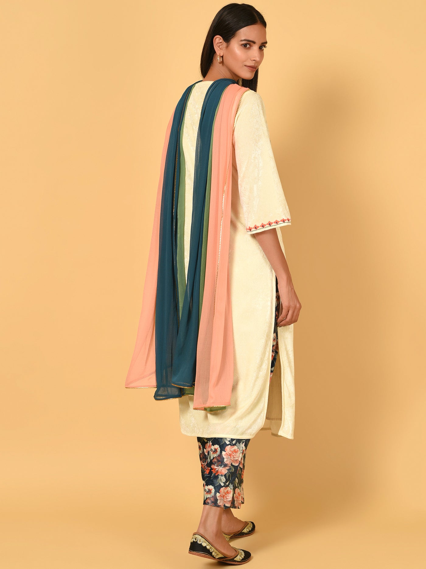 Sublime Ecru velvet Kurta Pant and Dupatta set