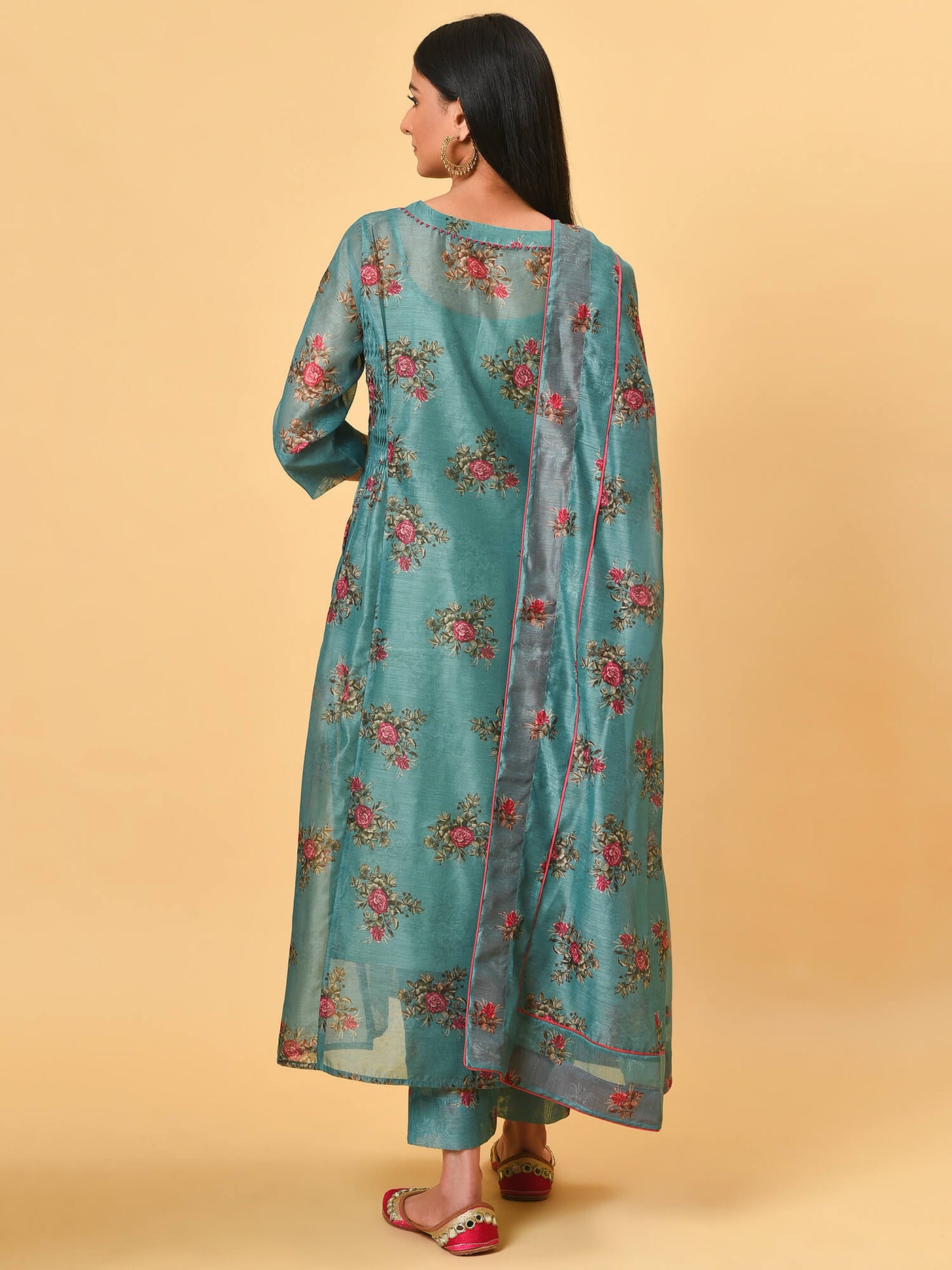 Rose printed teal Kurta & Pant set