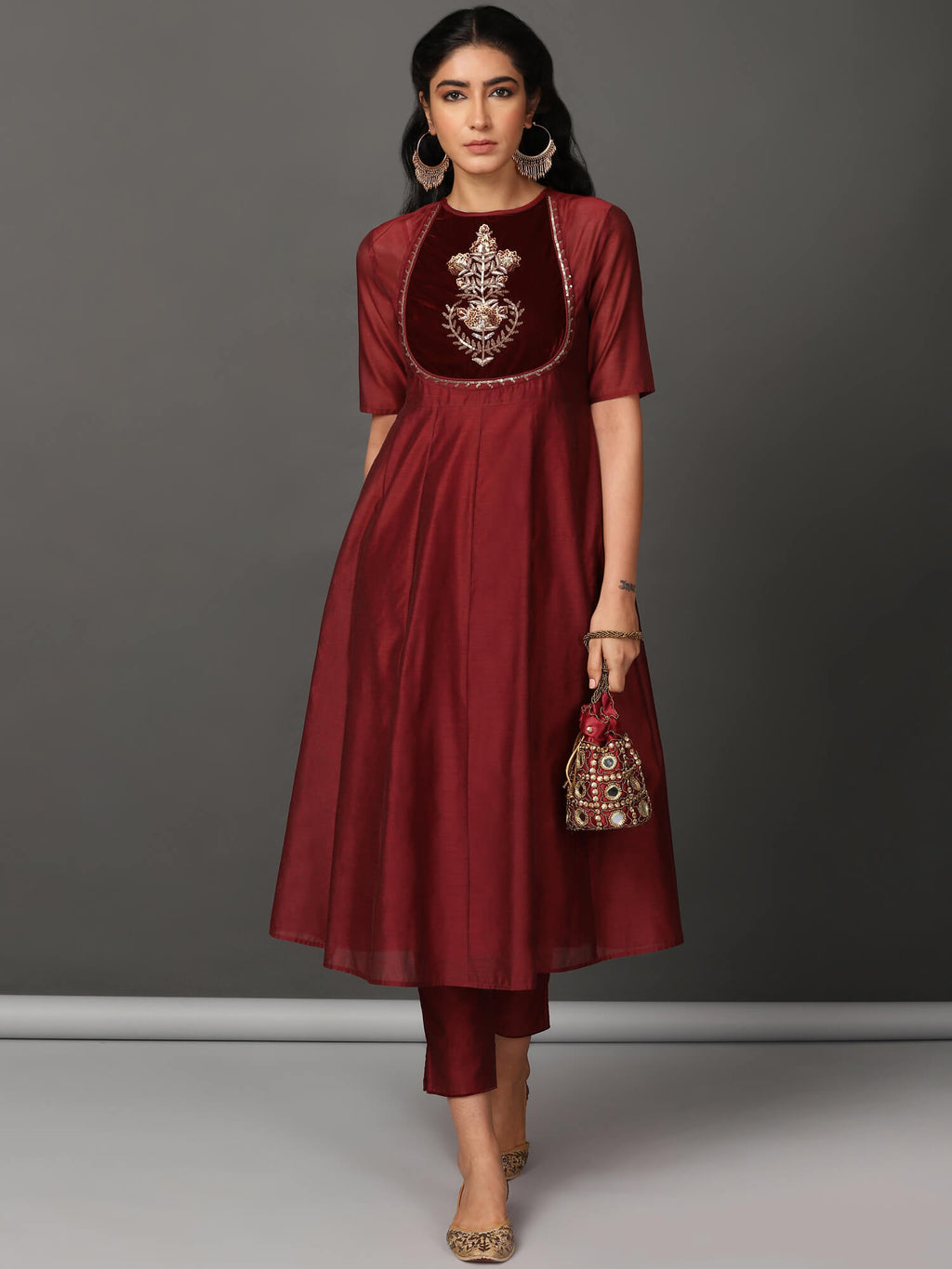 Maroon Chanderi Kurta & Pants Set