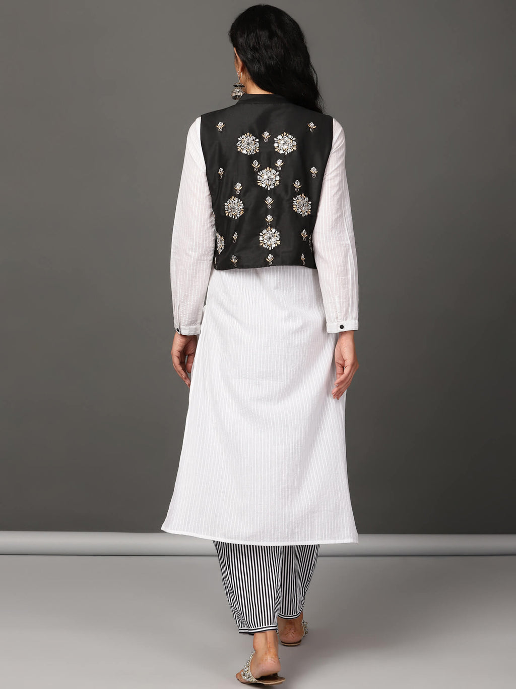 White Pleated Kurta, Pants & Jacket Set